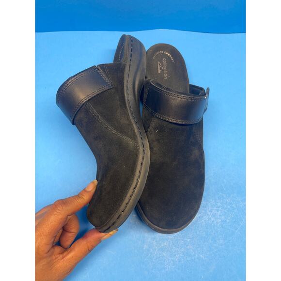 Clarks Collection Black Suede Leather Clogs Mule Slides Cork Comfort Womens 9 - Picture 12 of 13